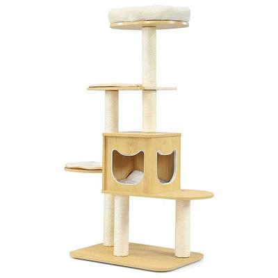 China Sustainable Modern Wooden Cat Tree 53 Inch Cat Tower With Cat Activity Center Platform With Lined Posts for sale