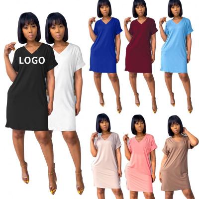 China Breathable Solid Loose Oversized Pocket V-Neck Summer Casual T-Shirt Dress For Women for sale