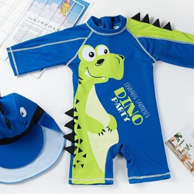 China Baby Boy Rashie Antibacterial Swimsuit With Sun Protection Boys One Piece Swimwear With Hat for sale