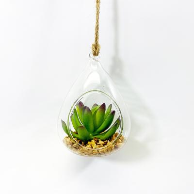 China Newest Small Outdoor High Quality Indoor Decorative Artificial Succulent Potted Plants in Hanging Glass Pot for sale