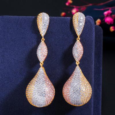 China FASHIONABLE micro inlaid earrings copper plated Zircon three color full Diamond Irregular Long Temperament Earrings wholesale for sale