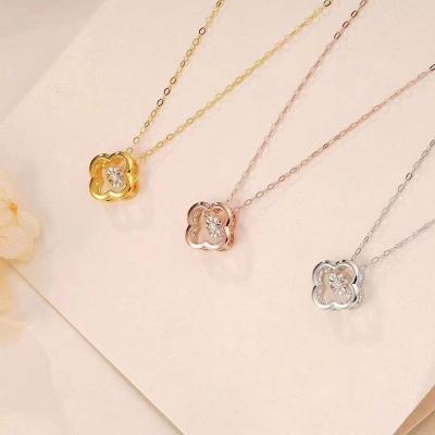 China Vintage Series Smart Dancing Diamond Four Leaf Clover Rose 18k White Gold Real Pure Solid Yellow Gold Necklace Pendant Chain Jewelry for sale