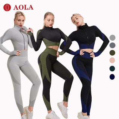 China AOLA Breathable Gym Fitness Women Tights Ladies 2pcs Workout Yoga Sets 2 Piece Long Sleeve Set for sale