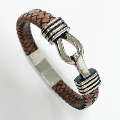 China 2019 Punk Stainless Steel Jewelry Hiphop Mens Bracelet Charm Leather Bracelet With Metal Clasps for sale