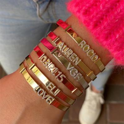 China FASHION Custom Name DIY Personalized Slider Stainless Steel Zircon Initial Letter Charm Bracelet Bangle For Women for sale