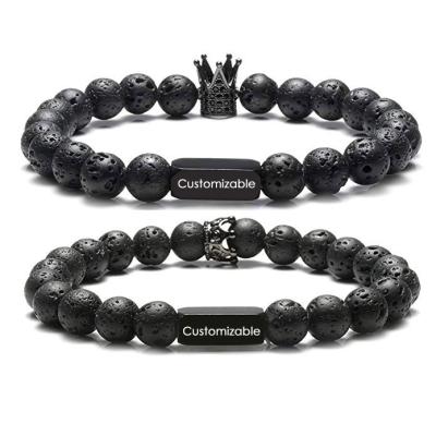 China FASHIONABLE Custom Natural Lava Bead Rock Cz Crown Couples Bracelet Logo Stone Bracelets For Women Men for sale