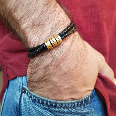 China TRENDY Gift Father's Day Men Braided Leather Bracelet With Small Beads Custom Charm Bracelet For Dad for sale