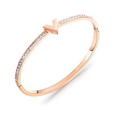 China TRENDY Hot Selling Korean Fashion Rose Gold Diamond Letter V Stainless Steel Bangle Bracelet For Women for sale