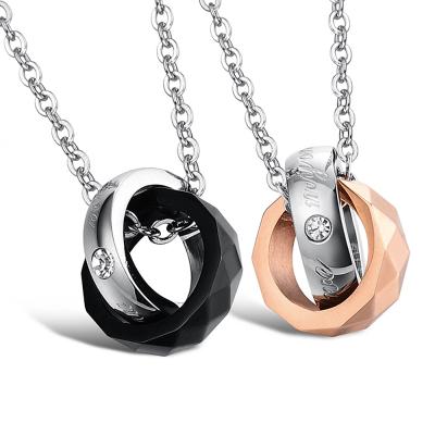 China Fashionable His and Hers Couple Double Ring Pendant Necklace Engraved Wedding Stainless Steel Double Ring Couple Pendant # for sale