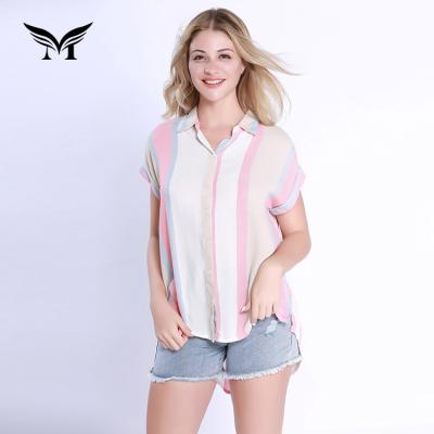 China Hot Selling Anti-pilling 100% Cotton Fabric Women Blouse Shirt Shorts Sheath Casual Striped Ladies Blouse for sale