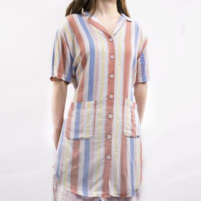 China Rabric Newest Anti-Pilling Oversized Open Collar Ladies Rayon Short Sleeve Striped Casual Shirt for sale