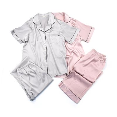 China Women's Breathable Short Sleeve Classic Satin Pajamas Set Buttoned Ladies Pajamas Sets Solid Luxury Two Pieces Sleepwear for sale