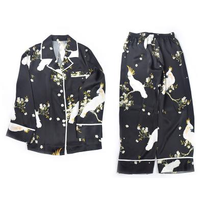 China Breathable Silk Pajamas For Women Long Sleeve Buttoned Ladies Pajamas Sets Parrot Printing Two Piece Sleepwear for sale