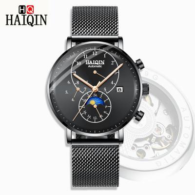 China HAIQIN Chronograph Brand Moon Phase Fashion Clock Relogio Masculino Mens Top Waterproof Automatic Mechanical Watch Black Steel Masculino for sale