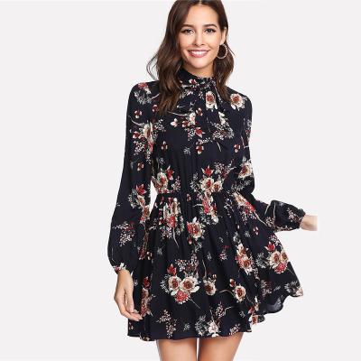 China Autumn Floral Women Dresses Multicolor Elegant Long Sleeve Autumn Floral Women Dresses Multicolor Chic Ladies High Line Waist Tie Neck Dress for sale