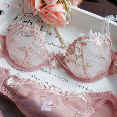 China Exquisite QUICK DRY lotus embroidery pink ultra-thin women's sexy transparent lace underwear bra set for sale