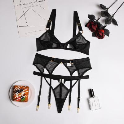 China 3-Piece Cutout Lace QUICK DRY Bra Set Women Mesh Bra + Thong Underwear Set Wireless Sexy Lingerie Set for sale