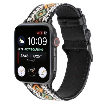 China Young Watch Band Bohemia Style National Fabric And Leather Watch Band For New Apple Watch Band for sale