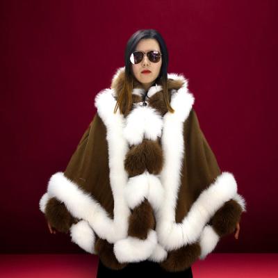 China Custom Women's Fur Poncho Cashmere Hooded Cape Breathable With Double Twist Fox Fur Trim for sale