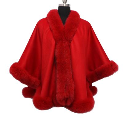 China Breathable ladies and childrend size cashmere cape with fox fur trim cashmere fur cape poncho for sale