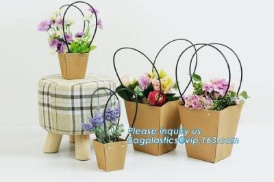 China Promotional printing brown paper fresh flower carrier waterproof kraft paper bags with handle,Flower carrier paper bag for sale