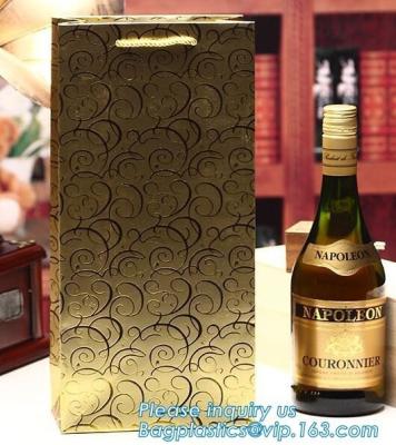 China wine paper bag with handles,luxury glossy wine bottle gift paper bags,Gold Wine Gift Paper Bag with Ribbon Handles pack for sale