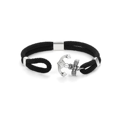 China Dropshipping CLASSIC Wholesale Fashion Rope Anchor Black Woven Anchor Retro 925 Sterling Silver Men's Boys Charm Bracelet For for sale