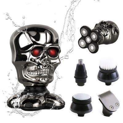 China Safety Halloween Skull Design 5 In 1 Floating Heads Beard Trimmer IPX7 Waterproof Bald Head Men Electric Shaver for sale