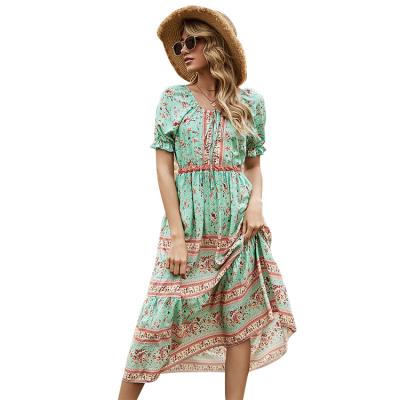 China New Fashion Summer Green Anti-static Short Sleeve Dress Women's Vestido Print Long Retro Pleated Long Dress Midi Dress for sale