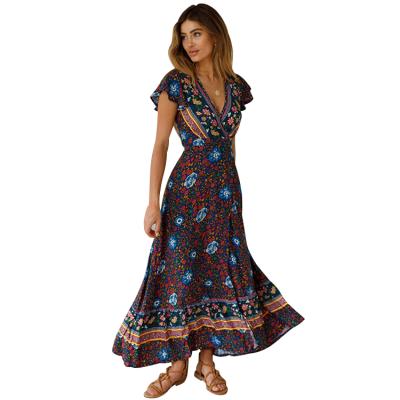 China Women Anti-Static V-Neck Lace Up Long Party Maxi Boho Casual Dresses Floral Print Summer Beach Boho Dresses Summer 2021 for sale