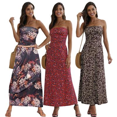 China Boho Bandeau Beach Boho Print Strapless Floral Sleeveless Breathable Bohemian Dress Long Maxi Off The Shoulder Canvas Floaty Dress for sale