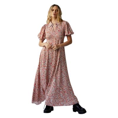 China Lady Summer Printed Anti-Static Dress Front Button Print Maxi Floral Long Loose Silk Women's Dress Puffle Short Sleeve Cardigan Dress for sale