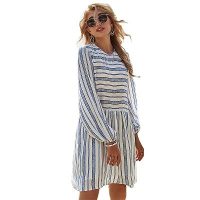 China Summer Anti-Static Women's Casual Dress Fashion Round Neck Stitching Loose Striped Dress High Waist Line One Skirt for sale