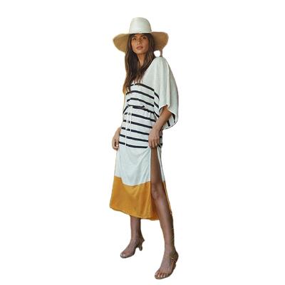 China Wholesale Anti-Static Bat Sleeve Casual V-Neck Slit New Style Summer Striped Dress for sale