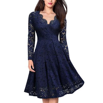 China Autumn Sale Women's Lace Maxi Dress V-Neck A Line Dress Women's Elegant Warm Breathable Mid-Skirt Line With Sleeves for sale