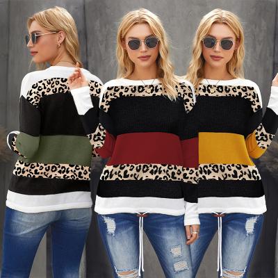 China Anti-wrinkle winter women leopard print color sweater leisure sleeve long round neck pullover shirt ladies patchwork knitted sweater for sale