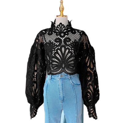 China Breathable Women Lace Up Blouse Long Sleeve Beautiful Floral Embroidery Shirt Summer Ladies Stand Collar Blouse Woman Full Female Chic Blouse for sale