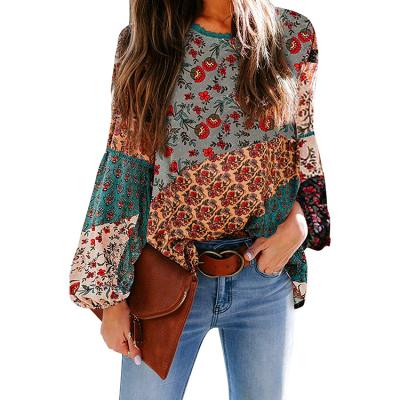 China Boho Floral Print Drawstring V-neck Long Sleeve Women's Breathable Tops And Blouses Casual Blouse Women New Fashion Loose Top Pullover for sale