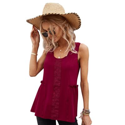 China Anti-pilling solid scoop neck summer lace up trim waist frills rayon comfortable tank top for women for sale