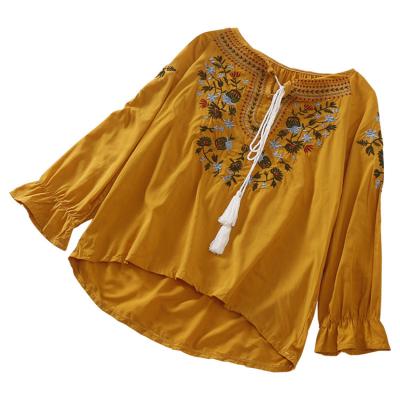 China Cotton Canvas Embroidery Cotton Canvas Long Sleeve Breathable Tassels Blouses Casual O-Neck Loose Tops And Blouse For Women for sale