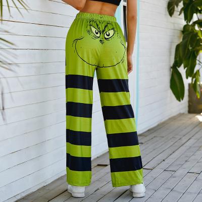 China Anti-wrinkle Summer Women's Pants High-Waist Flared Cartoon Printed Pants Stripes Grin Print Casual Loose Slimming Wide-Legged Pants for sale