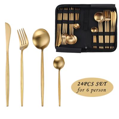 China Sustainable 24 Piece Stainless Steel Gold Plated Portable Travel Cutlery Set With Gift Box for sale