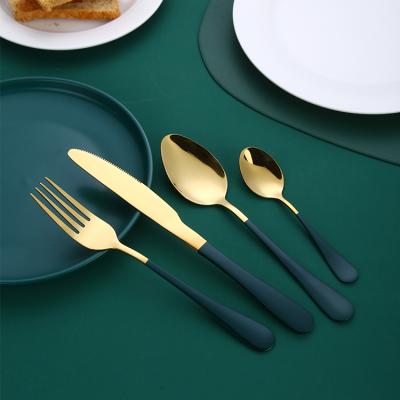 China Sustainable Premium Custom Made Stainless Steel Flatware Dark Green Gold Flatware Sets for sale