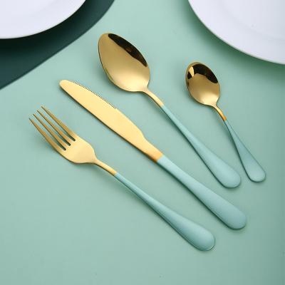 China Sustainable Stainless Steel Gold Custom Cutlery Colored Handle Flatware Sets for sale