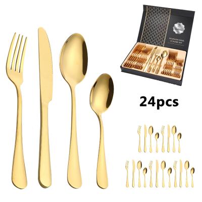 China Amazon Sustainable Stainless Steel Silverware Gold 24pcs Cutlery Set With Box for sale