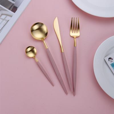 China Sustainable Stainless Steel Resin Handle 24K Rose Gold Plated Flatware Sets for sale