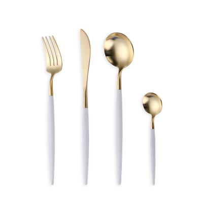 China Sustainable Resin Handle Stainless Steel Cutlery 24K Gold Cutipol Wedding Flatware Sets for sale