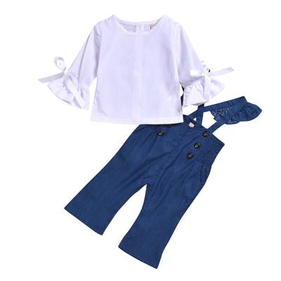 China Casual Boutique Toddler Girls 2 Pcs Clothing Ruffled Flare Sleeve Blouse +Overalls Jeans Dress Sets For Kids for sale