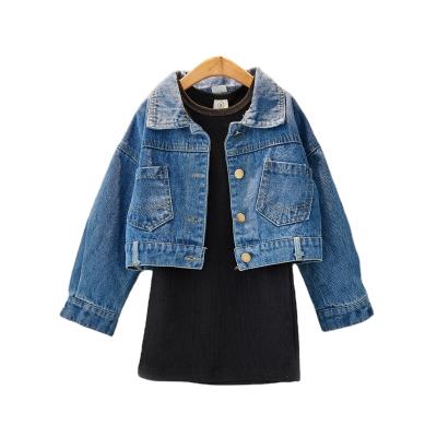 China Hot Sale Toddler Girls Boutique Casual Autumn Denim Coat And Dress 2pcs Clothing Set for sale