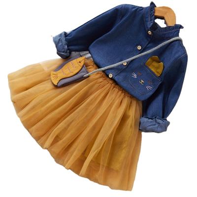 China Cute Autumn Casual Girls Boutique Pattern Denim Shirt With Solid Tulle Skirt And Bag Dressing Sets for sale